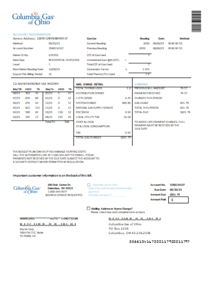 Columbia Gas of Ohio utility business bill, SCR PSD template